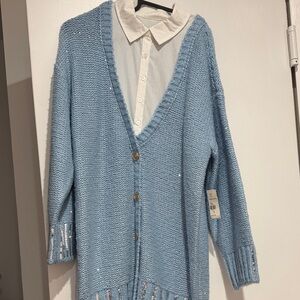 Light Blue V-Neck Sequin Knit Cardigan Sweater